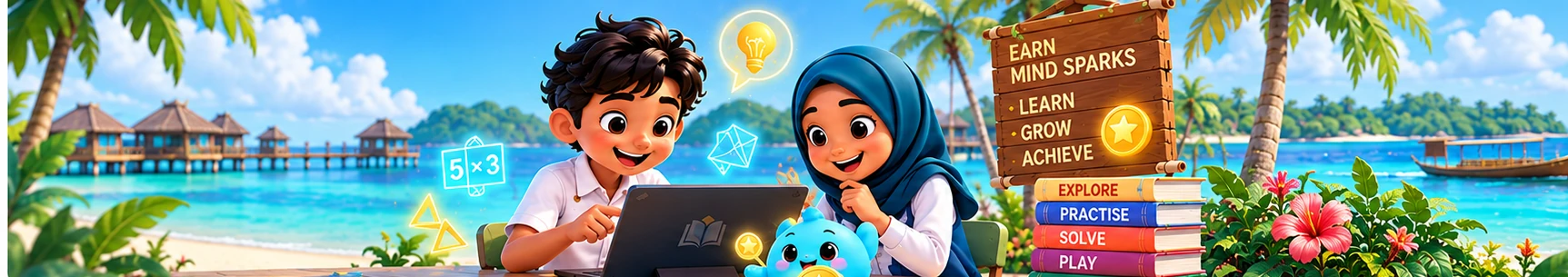 Two students learning maths beside the ocean